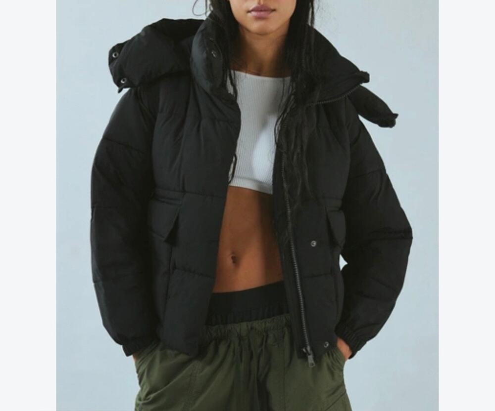 NVLT Patch Pocket Puffer Coat Sz. S black hooded funnel neck NWOT